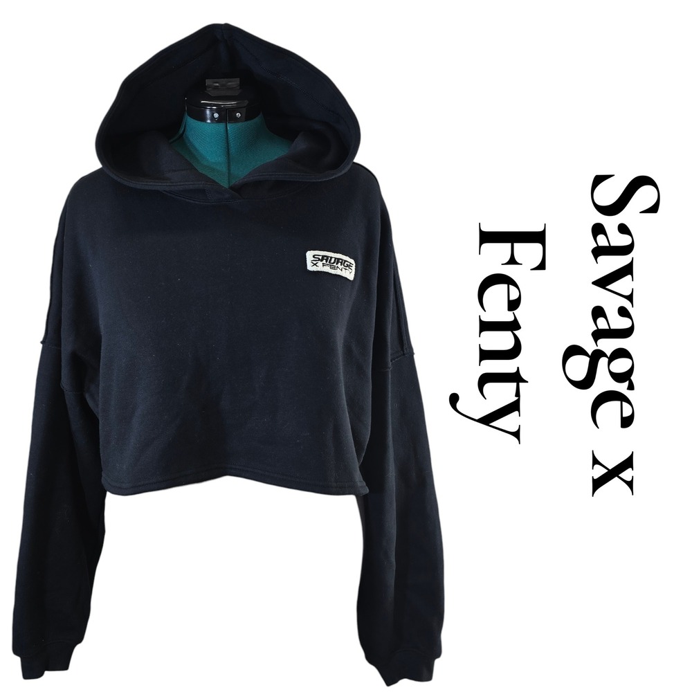 Savage X Fenty Black Cropped Hoodie Logo Print‎ Hooded Sweatshirt Size L